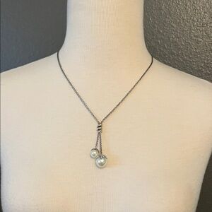 Brighton Silver Plate Twist Faux Pearl Lariat Dangle Necklace 18” Adjustable